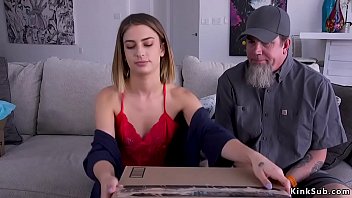 Delivery man brings package to hot brunette babe Kristen Scott and then ties her with red rope and whips and fingers her hairy pussy