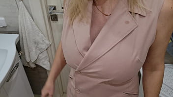 Young mom with big tits jerks off her husbands dick in the bathroom