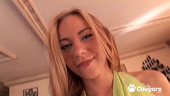 Lovely blonde bangs and gets jizz on her butt