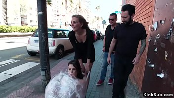 Hot European brunette slave Juliette March wrapped in plastic dragged in public to suck big cock