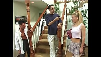 Blonde Bridgette Kerkove fucked in two dicks right on the stairs